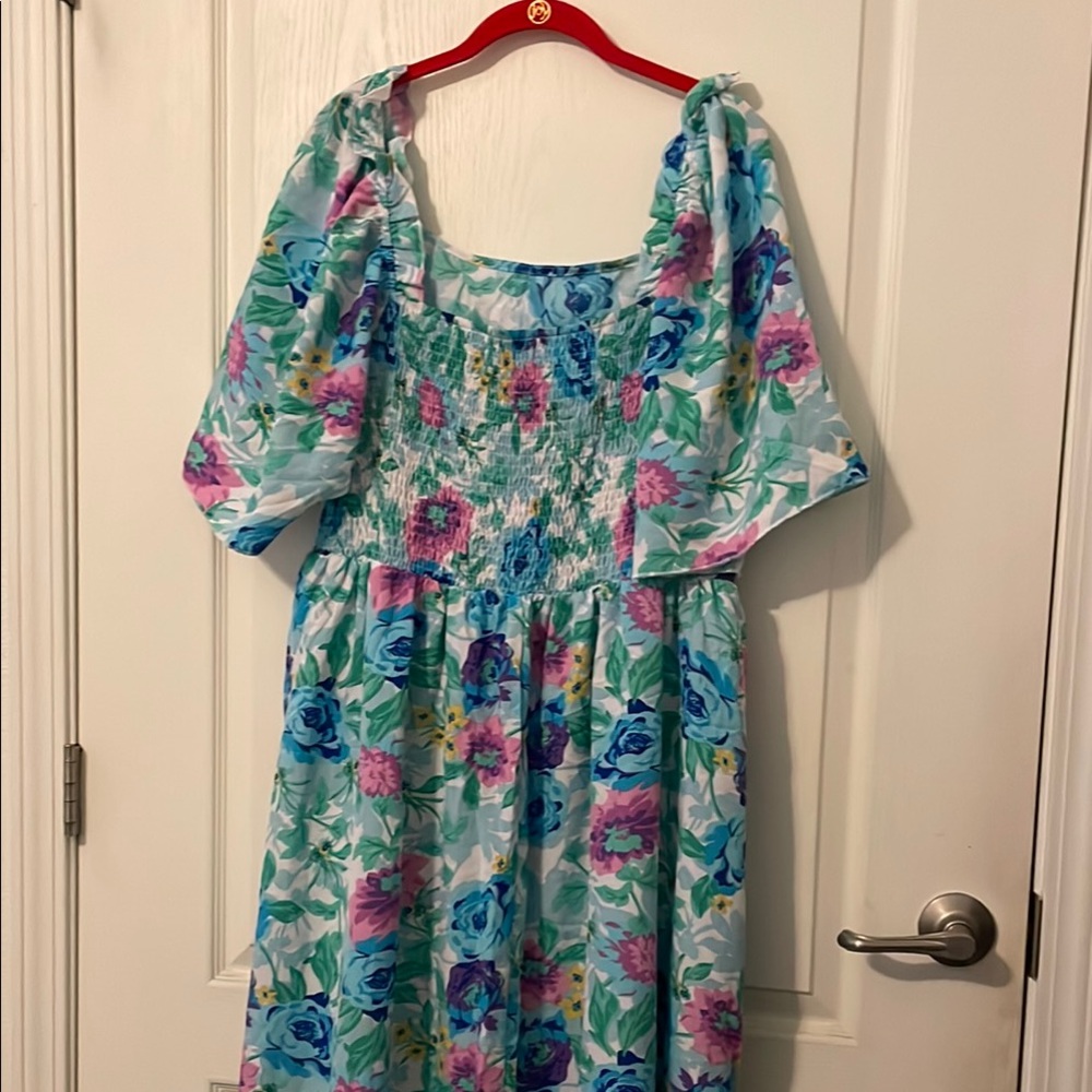 Floral Smocked Dress with Blue and Pink Flowers